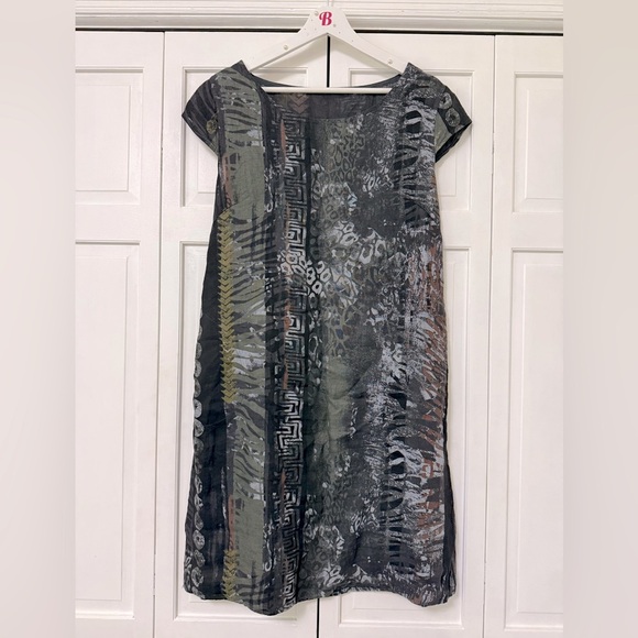 100% Linen TG.U Midi Dress Made in Italy Cap Sleeves Animal Print Small Safari - Picture 2 of 8